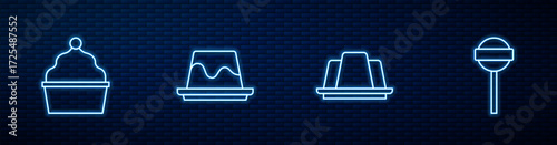 Set line Jelly cake, Cake, Pudding custard and Lollipop. Glowing neon icon on brick wall. Vector