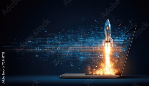 Rocket launching from laptop screen, digital trails