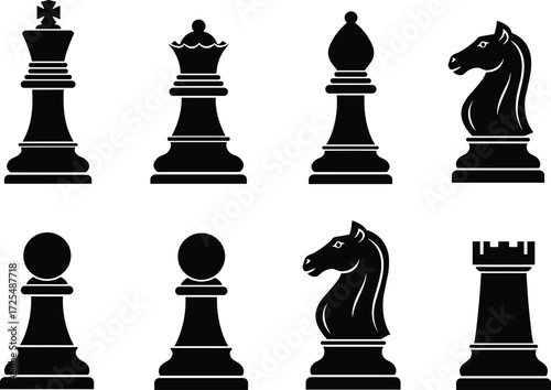 Chess piece silhouette set, black design, king, queen, bishop, knight, rook, pawn icons, strategy game, vector art, classic theme