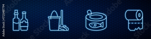 Set line Canned fish, Whiskey bottle, Mop and bucket and Toilet paper roll. Glowing neon icon on brick wall. Vector