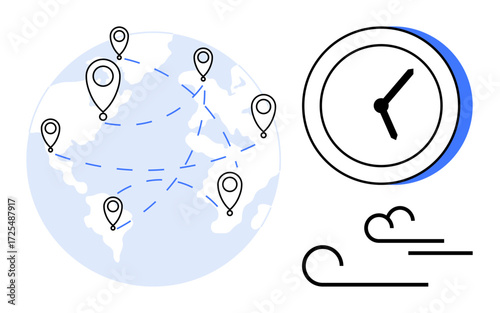 Map with location markers connected by lines, clock highlighting time, and wind lines for speed. Ideal for global communication, logistics, time tracking, fast delivery, networking, efficiency
