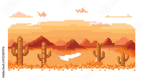 Desert Scene 8-Bit Pixel Art Background. Seamless Side-Scrolling Game Environment