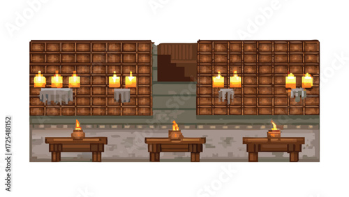 Tavern Interior 8-Bit Pixel Art Background. Seamless Looping Fantasy RPG Environment