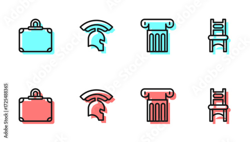 Set line Ancient column, Suitcase, Roman army helmet and Chair icon. Vector