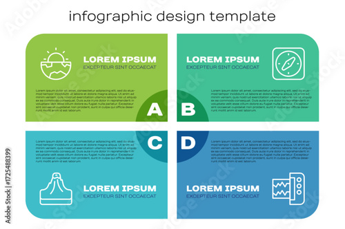 Set line Volcano, Earth core structure crust, Seismograph and Compass. Business infographic template. Vector