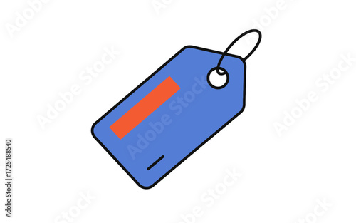 A simple illustration of a price tag, featuring a rectangular shape with a small orange rectangle on the front and a ring at the top.
