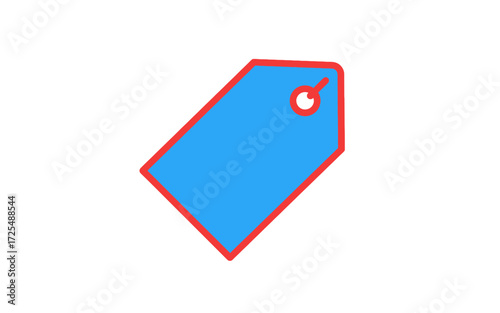 Blue price tag with red outline on white background, angled view.
