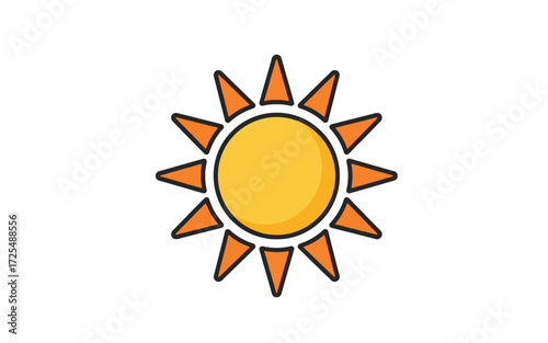 A simple cartoon illustration of a bright yellow and orange sun with triangular rays on a white background.