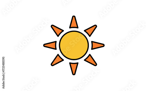 A simple, stylized illustration of a bright yellow sun with eight orange triangular rays, set against a plain white background.