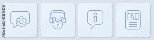 Set line Telephone 24 hours support, Information, Headphones with question and FAQ information. White square button. Vector