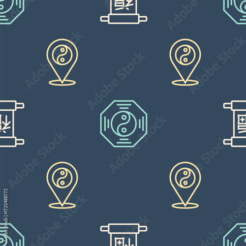 Set line Chinese New Year, Yin Yang symbol and on seamless pattern. Vector