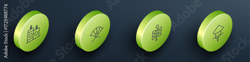 Set Isometric line Firework, Traditional paper fan, and Asian Chinese conical straw hat icon. Vector