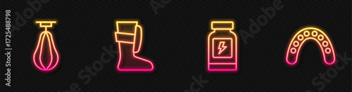 Set line Energy drink, Punching bag, Sport boxing shoes and Mouth guard boxer. Glowing neon icon. Vector