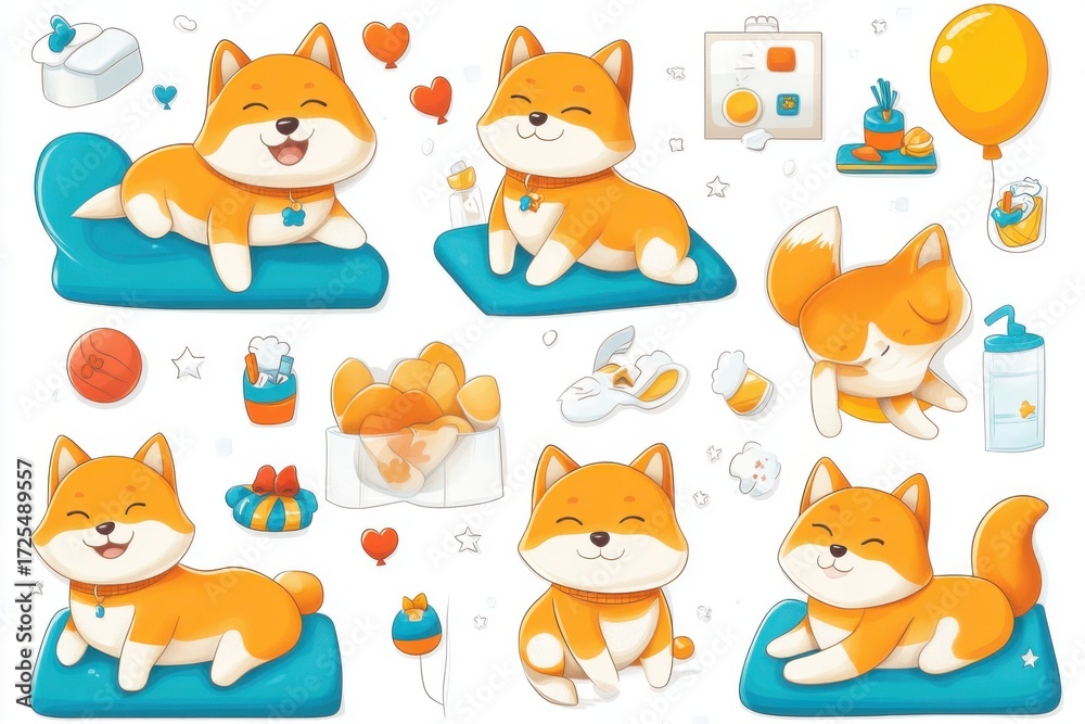 Obraz premium Cute Orange Dog Cartoon Character Collection Isolated on White
