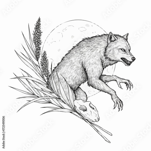 Wolf illustration with moon and foliage in black and white style  