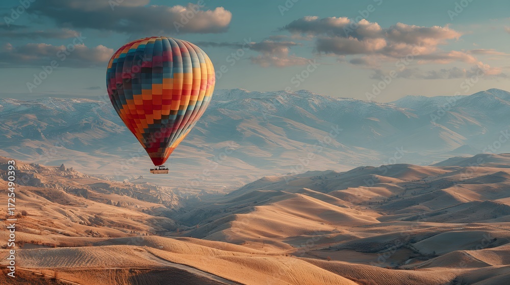 Fototapeta premium Single, colorful hot air balloon gracefully floats over a surreal, rolling landscape of Cappadocia during a beautiful sunrise. The sky is filled with soft clouds and light.