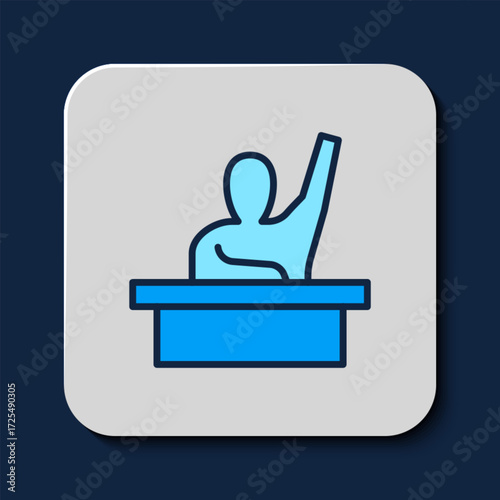 Filled outline Active male kid raising hand answering to teacher question icon isolated on blue background. An elementary student raises his hand. Vector