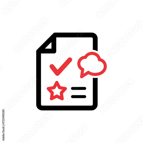 Modern silhouette of business document with checkmark, star rating and speech bubble for corporate compliance and feedback analysis on white