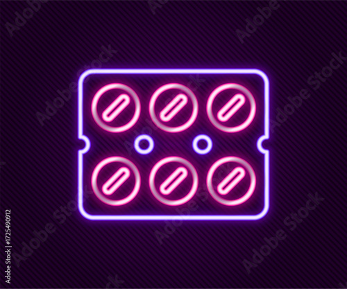 Glowing neon line Pills in blister pack icon isolated on black background. Medical drug package for tablet, vitamin, antibiotic, aspirin. Colorful outline concept. Vector