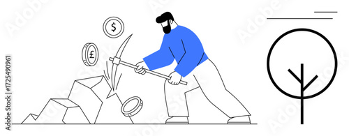 Man mining coins with pickaxe, striking rocks producing pound and dollar coins. Minimalist tree symbol. Ideal for finance, investment, cryptocurrency, perseverance, growth, economy determination