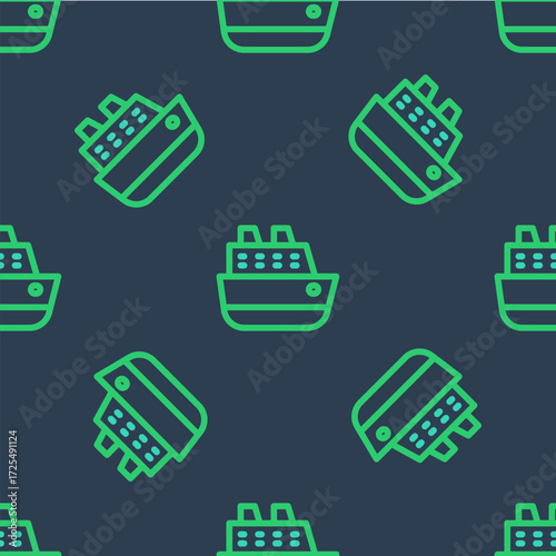 Line Cruise ship icon isolated seamless pattern on blue background. Travel tourism nautical transport. Voyage passenger ship, cruise liner. Worldwide cruise. Vector