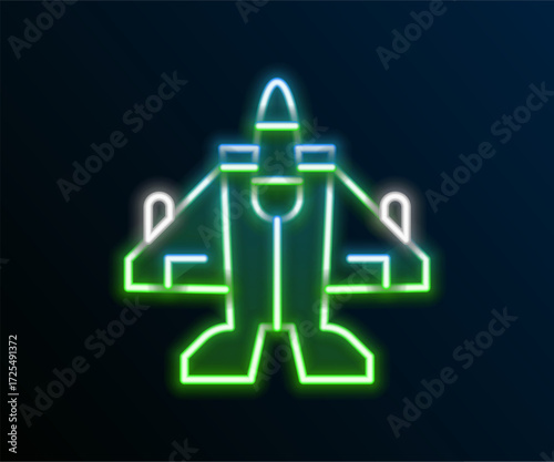 Glowing neon line Jet fighter icon isolated on black background. Military aircraft. Colorful outline concept. Vector