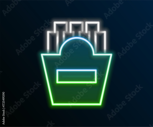 Glowing neon line Potatoes french fries in carton package box icon isolated on black background. Fast food menu. Colorful outline concept. Vector