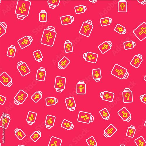 Line Funeral urn icon isolated seamless pattern on red background. Cremation and burial containers, columbarium vases, jars and pots with ashes. Vector