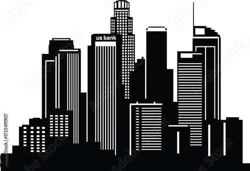 Black and white city skyline silhouette, urban architecture, high-rise buildings, metropolitan landscape, commercial tower, modern downtown, US Bank building