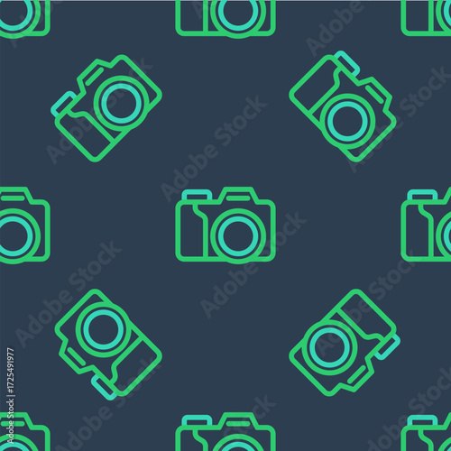 Line Photo camera icon isolated seamless pattern on blue background. Foto camera. Digital photography. Vector