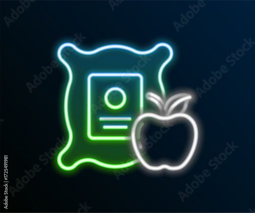 Glowing neon line Apple in the sack icon isolated on black background. Apples in a canvas bag. Farmers market. Colorful outline concept. Vector