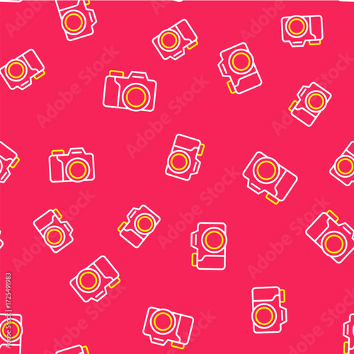 Line Photo camera icon isolated seamless pattern on red background. Foto camera. Digital photography. Vector