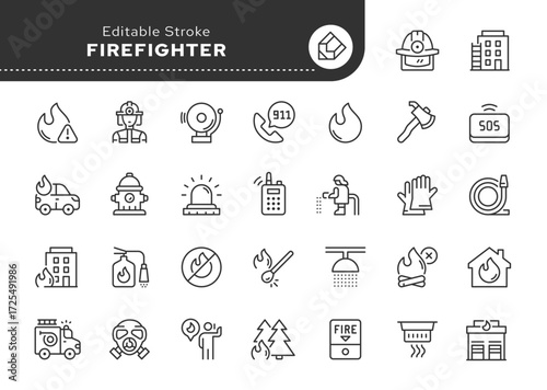 Fire service and firefighter line icon set. Fire extinguisher, siren, fire extinguishing, fire truck, fire escape and crane, hose, hydrant and more. Outline icon in linear style. Vector collection.	
