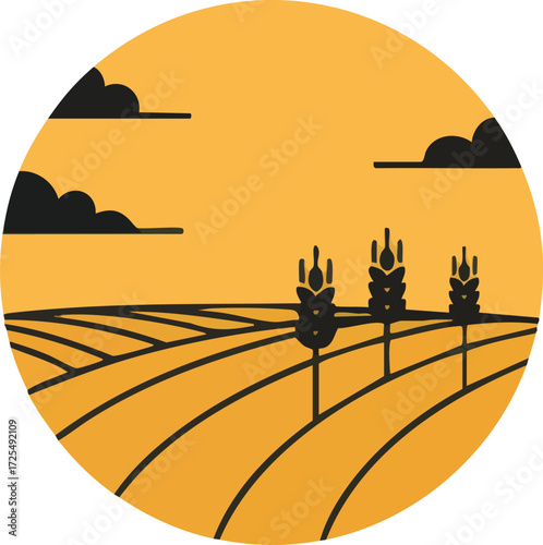 Stylized harvest field with grain crops in circle design on white
