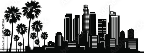 Black and white city skyline silhouette, palm trees, coastal urban architecture, tall skyscrapers, Los Angeles downtown, modern buildings, metropolitan landscape