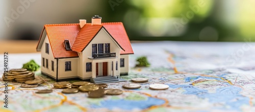A miniature house sits on a map with scattered coins, suggesting real estate and finances