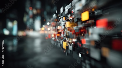 Wallpaper Mural A dynamic, futuristic cityscape backdrop displays a wall of interconnected, vibrant blocks, with a blurred urban scene in the foreground. Torontodigital.ca