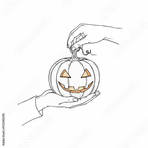 Hands carving Halloween pumpkin with smiling face design  
