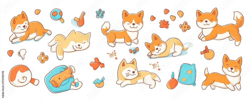 Fototapeta premium Cute Dog Cartoon Pattern Orange and Yellow Puppies on White