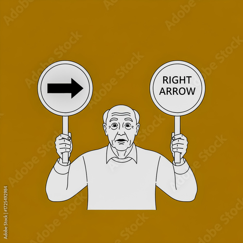 A man holding two signs with conflicting arrow directions, one pointing right and the other showing a left arrow with the text 