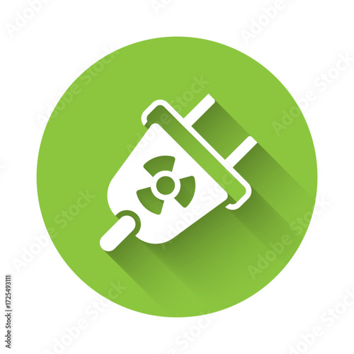 White Radiation electrical plug icon isolated with long shadow background. Nuclear energy. Green circle button. Vector
