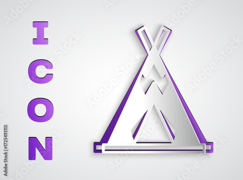 Paper cut Traditional indian teepee or wigwam icon isolated on grey background. Indian tent. Paper art style. Vector