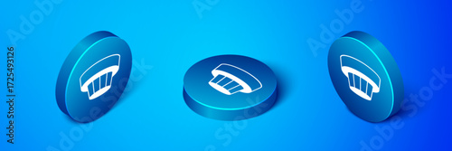 Isometric Smoke alarm system icon isolated on blue background. Smoke detector. Blue circle button. Vector