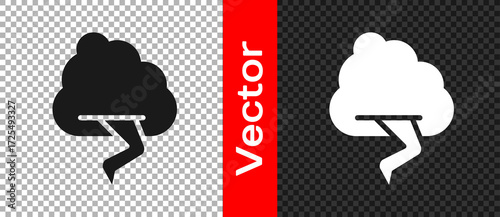 Black Storm icon isolated on transparent background. Cloud and lightning sign. Weather icon of storm. Vector