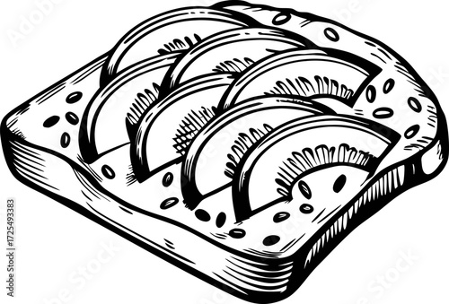 Hand drawn toast with sliced avocado illustration on white background, rustic vintage engraving art
