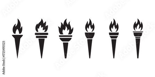 Black torch icons with flame set, Fire symbols vector illustration