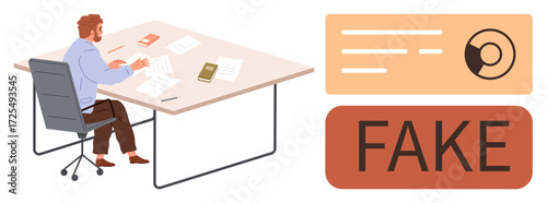 Professional reviewing documents at desk, accompanied by a Fake notification. Ideal for fraud detection, misinformation, office tasks, analysis, research, authenticity checks, simple flat metaphor