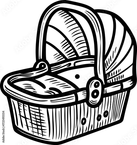 Hand drawn wicker baby bassinet illustration with curved hood and detailed wood texture in vintage