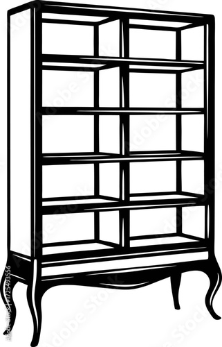 Vintage wooden bookshelf with ornate legs and empty shelves, classic black and white line art illustration