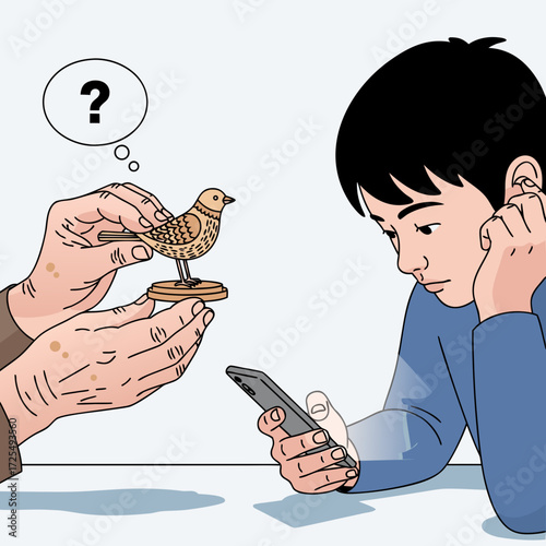 Generational conflict: a young person ignores an older person, obsessed with their smartphone. The concept of digital addiction, loss of communication, traditions, and the devaluation of family values